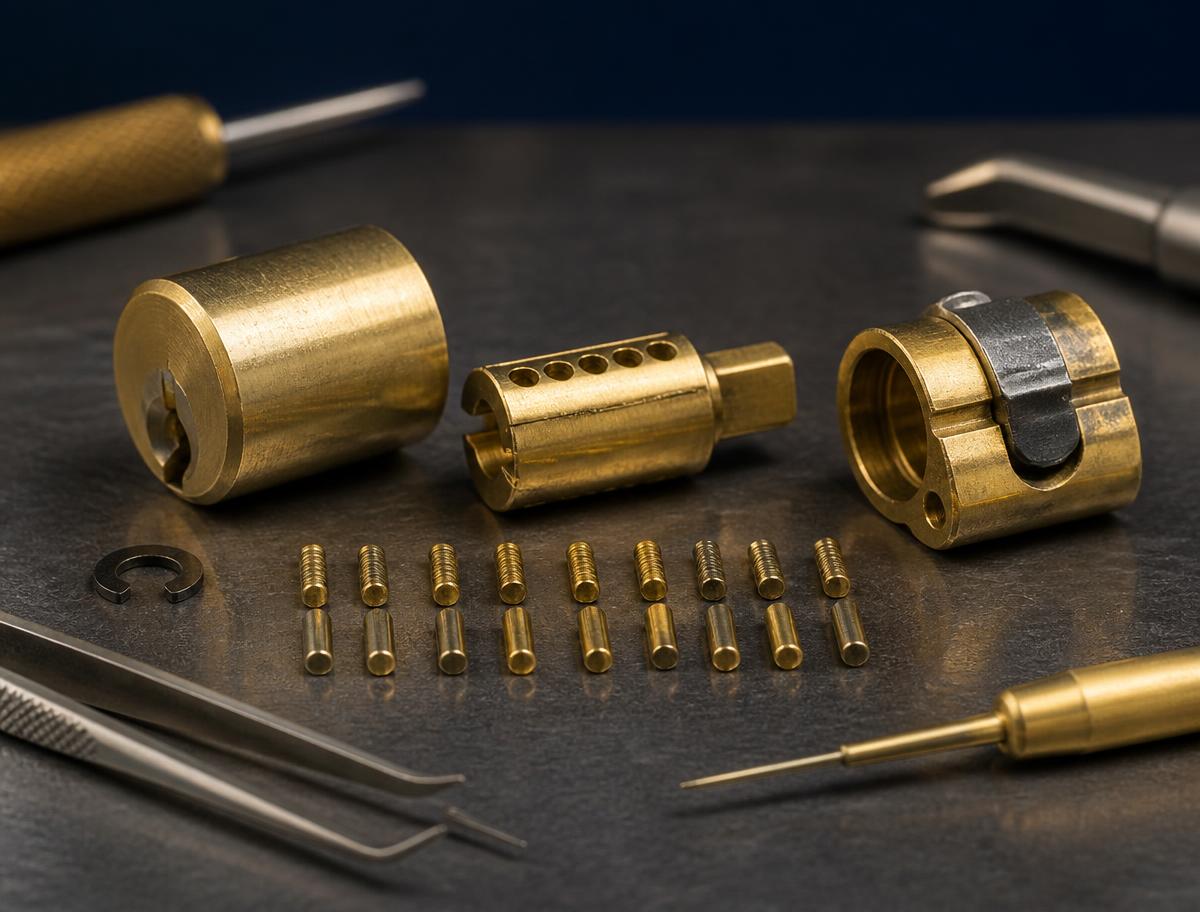 Brass lock cylinder disassembled with locksmith precision tools