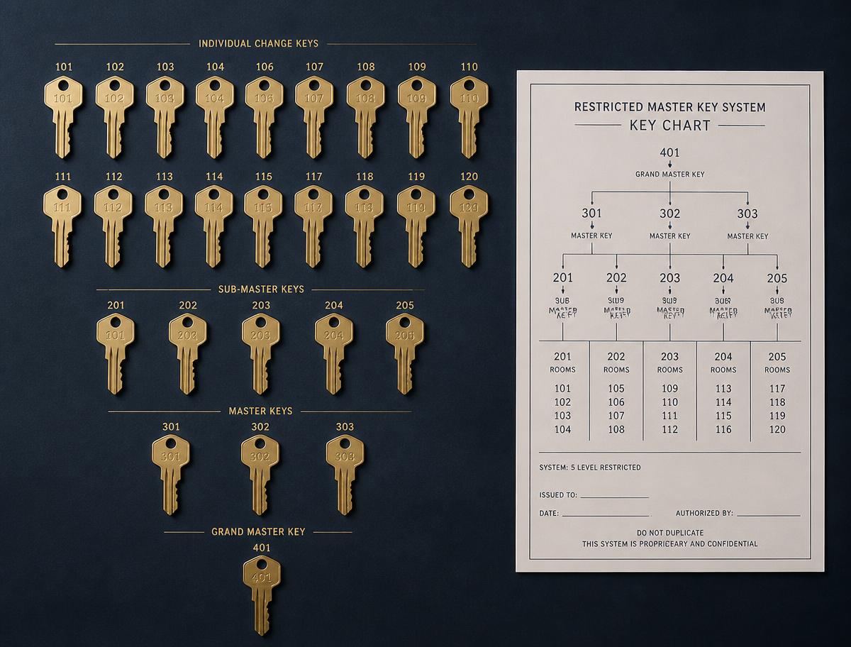 Restricted master key system laid out with a key chart