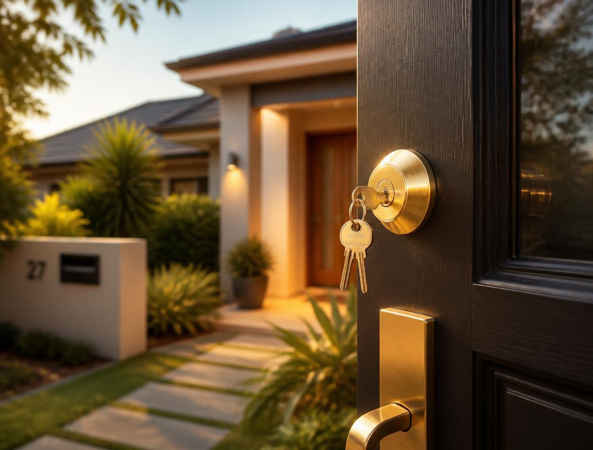 New brass deadlock and keys fitted to the front door of a Sydney home